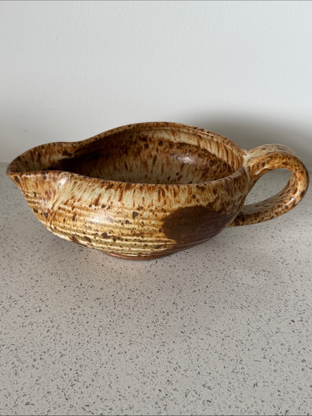 Vintage signed MCM speckled stoneware gravy boat